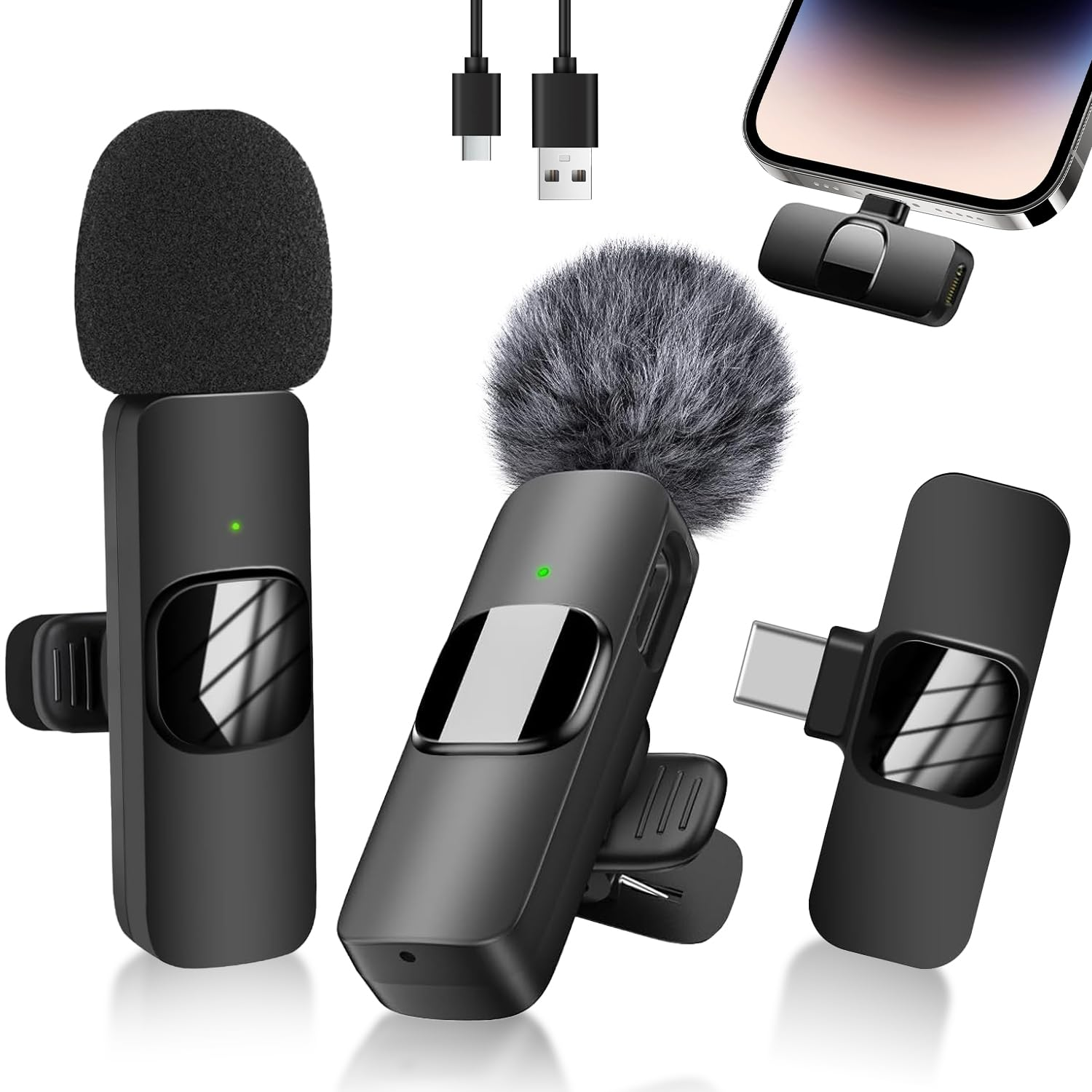 Drei schwarze drahtlose Mikrofone. Eines mit Windschutz, eines mit Fell und eines mit USB-C-Anschluss.