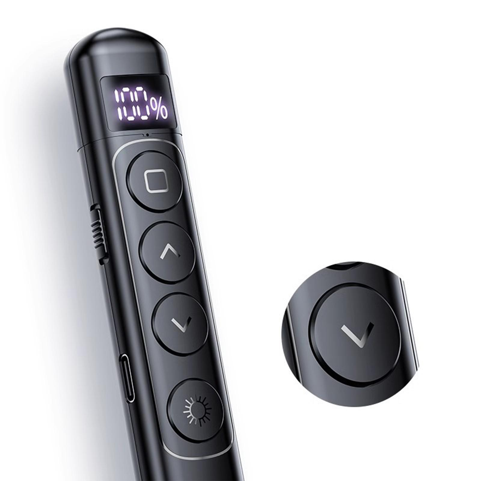Nahaufnahme einer schwarzen Präsentationsfernbedienung mit Tasten und einem LCD-Bildschirm mit 100 %.