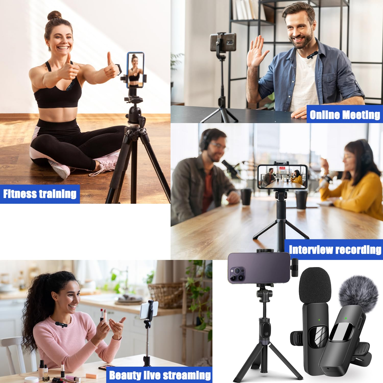 Mehrere Bilder, die zeigen, wie Menschen Mikrofone für Fitness, Online-Meetings und Beauty-Streaming verwenden.