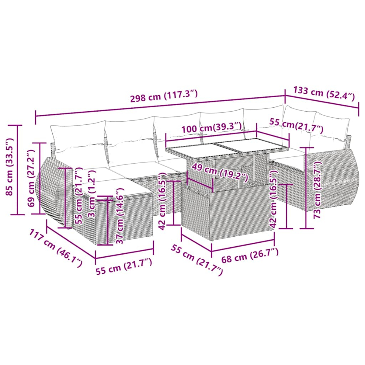 Diagrama de un sofá de mimbre gris con cojines y una mesa, dimensiones en cm y pulgadas.