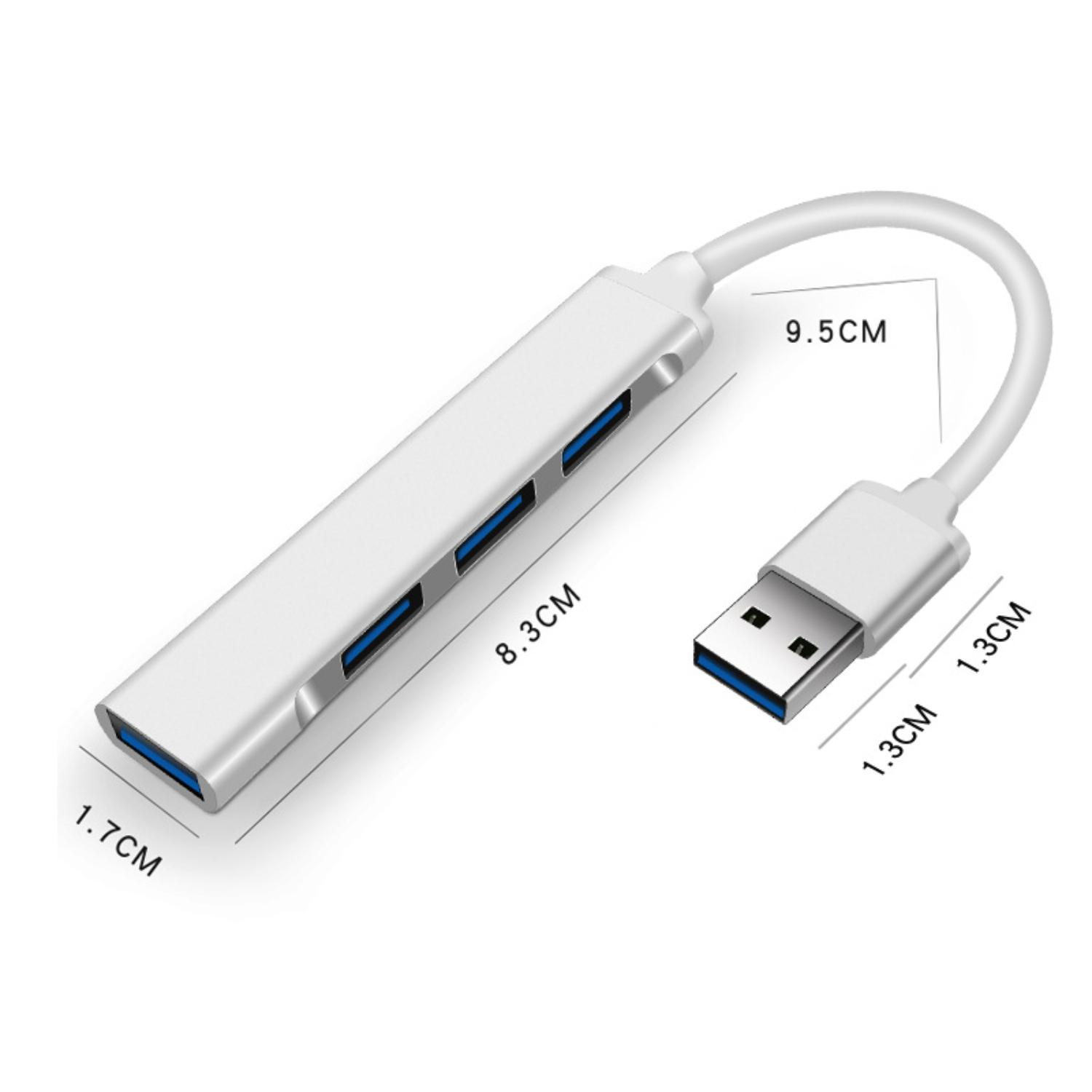Weißer USB-Hub mit vier Anschlüssen und einem Kabel. Die Maße sind in cm angegeben.