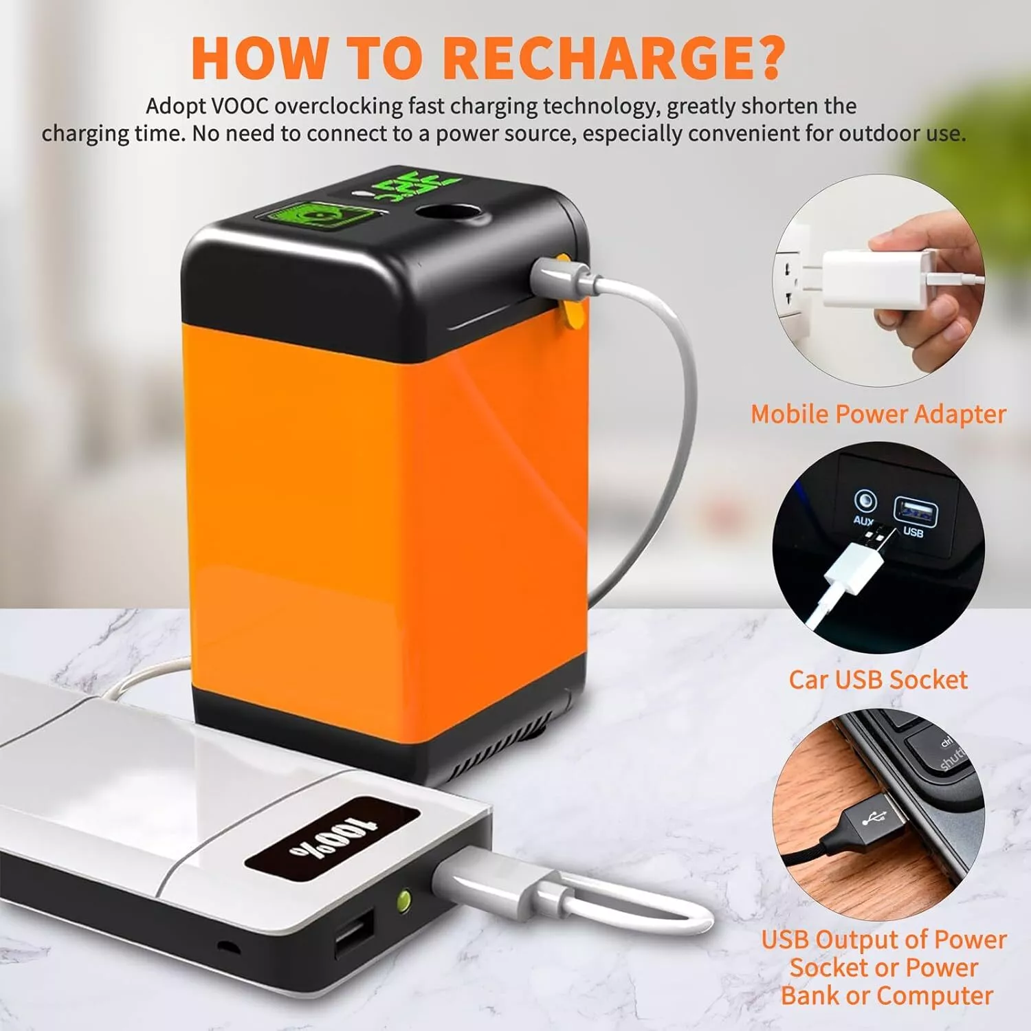 Eine orangefarbene und schwarze Ladeeinheit mit USB-Kabel und Powerbank. Das Gerät hat eine Digitalanzeige.