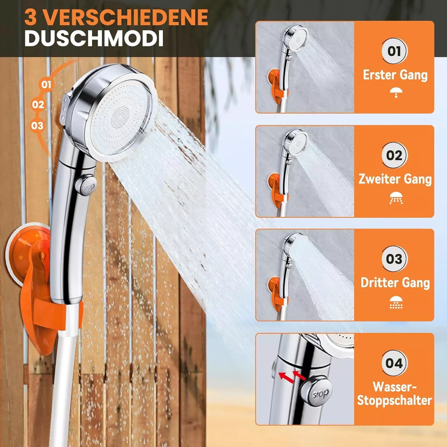 Ein Duschkopf mit drei Sprühmodi. Er wird in mehreren Aufnahmen mit unterschiedlichen Sprühmustern und einem orangefarbenen Halter gezeigt.