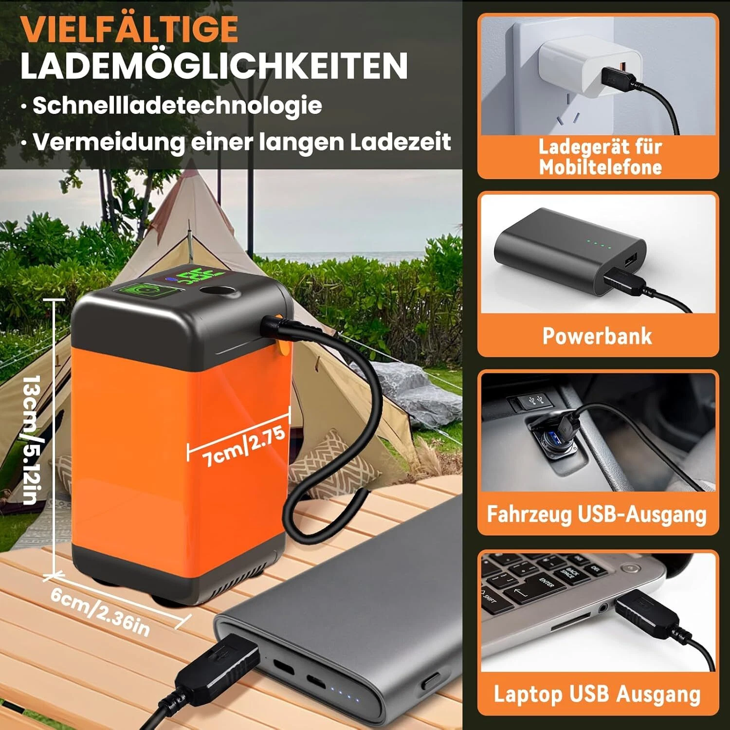 Eine Ladestation mit verschiedenen Lademöglichkeiten. Sie ist orange und schwarz und zeigt eine Powerbank, einen Laptop und ein Ladegerät.
