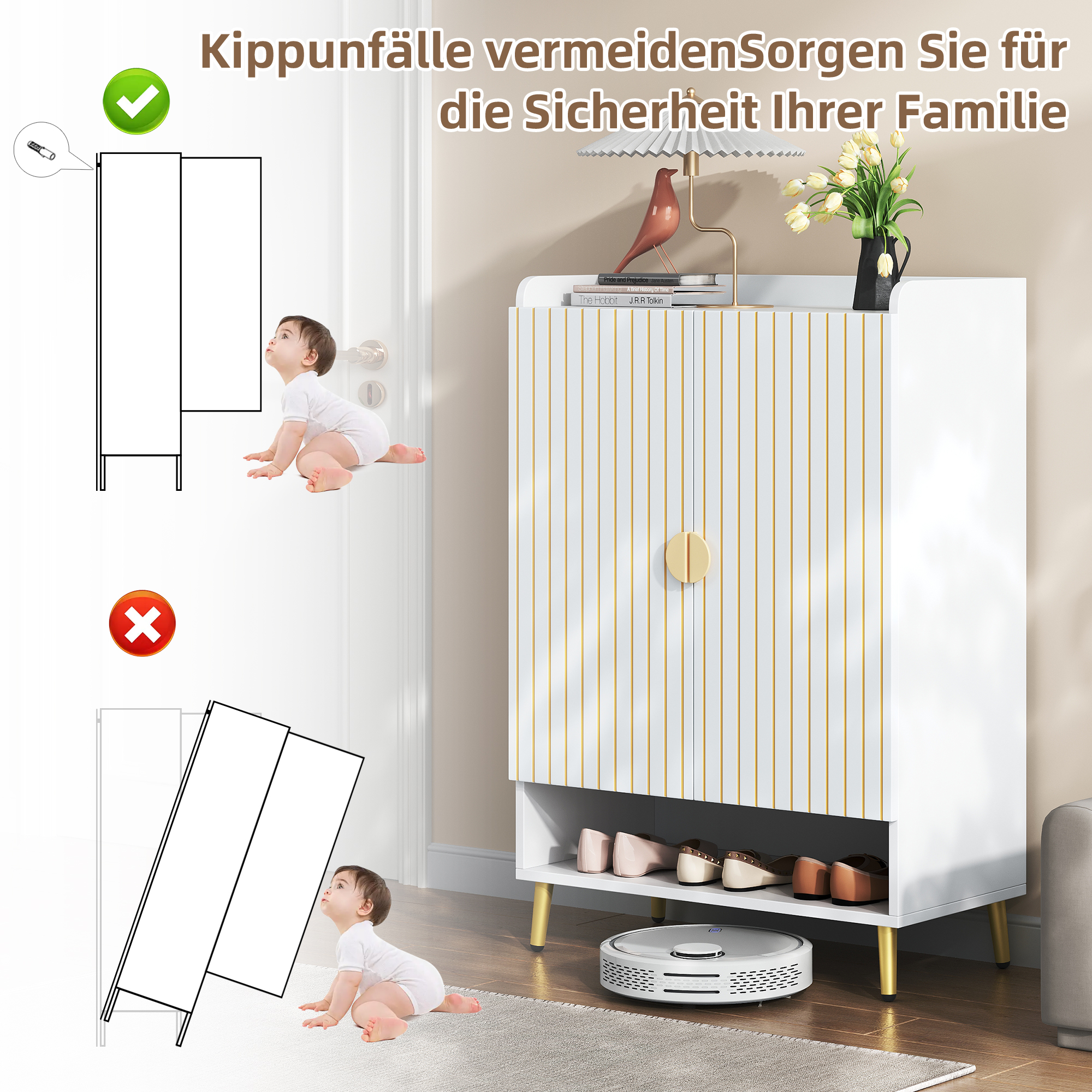 Weißer Schrank mit goldenen Streifen und Griff. Darunter ein Roboterstaubsauger.