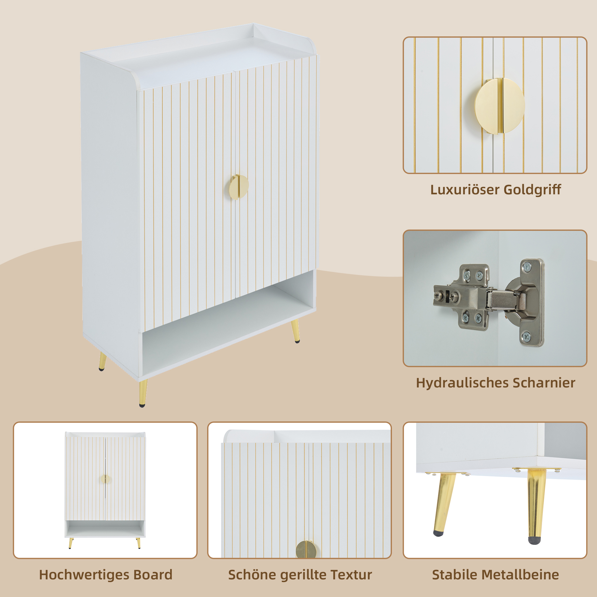 Weißer Schuhschrank mit goldenen Akzenten, Türdetails, Griff-Nahaufnahme und Scharnierdetails.