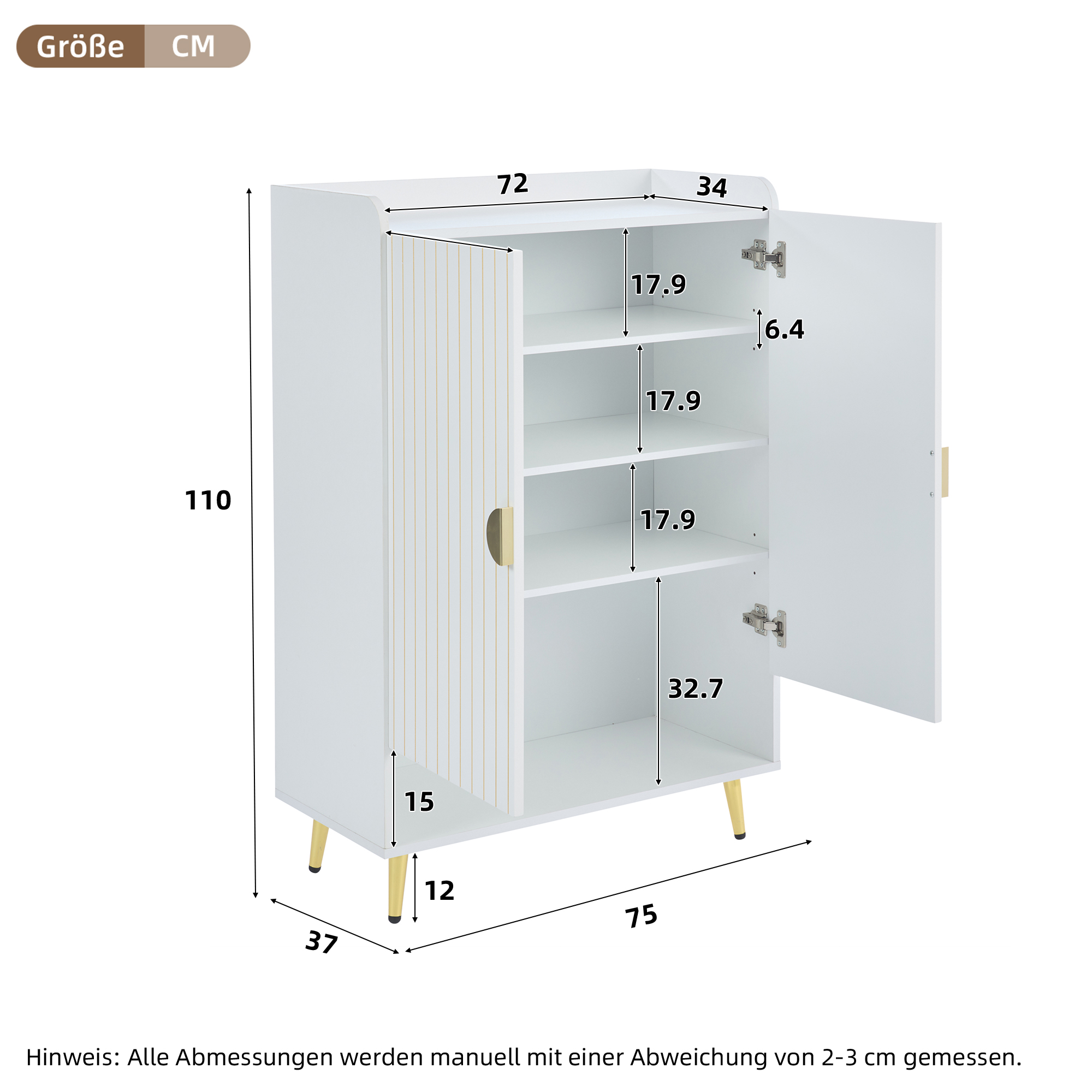 Weißer Schuhschrank mit Maßangaben. Der Schrank hat eine offene Tür mit Regalen.
