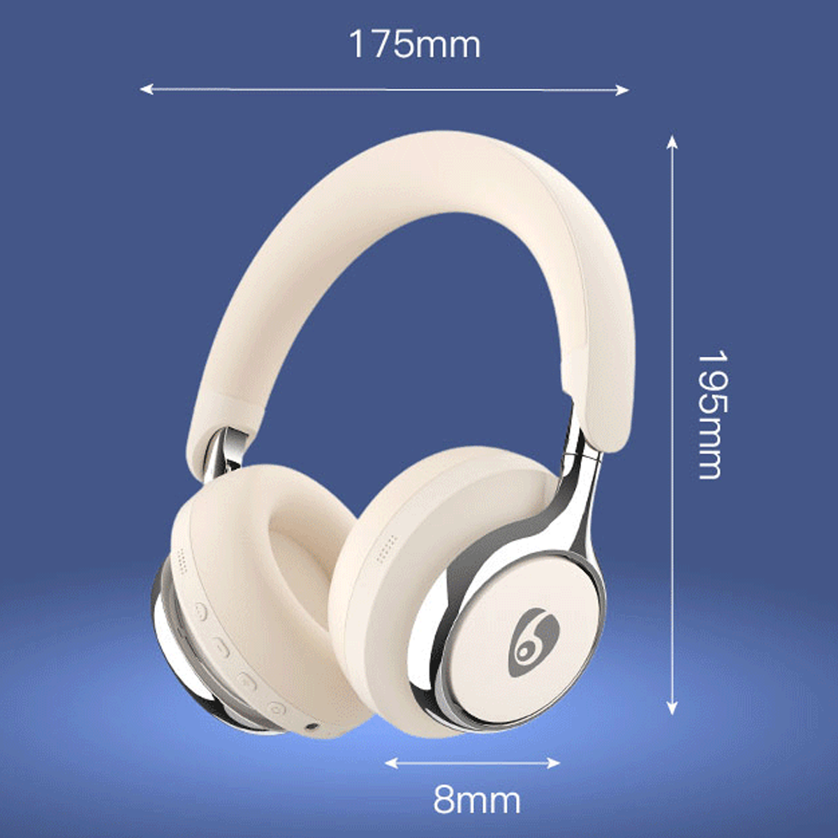 Cuffie color crema con dimensioni elencate su sfondo blu, che mostrano le misure.