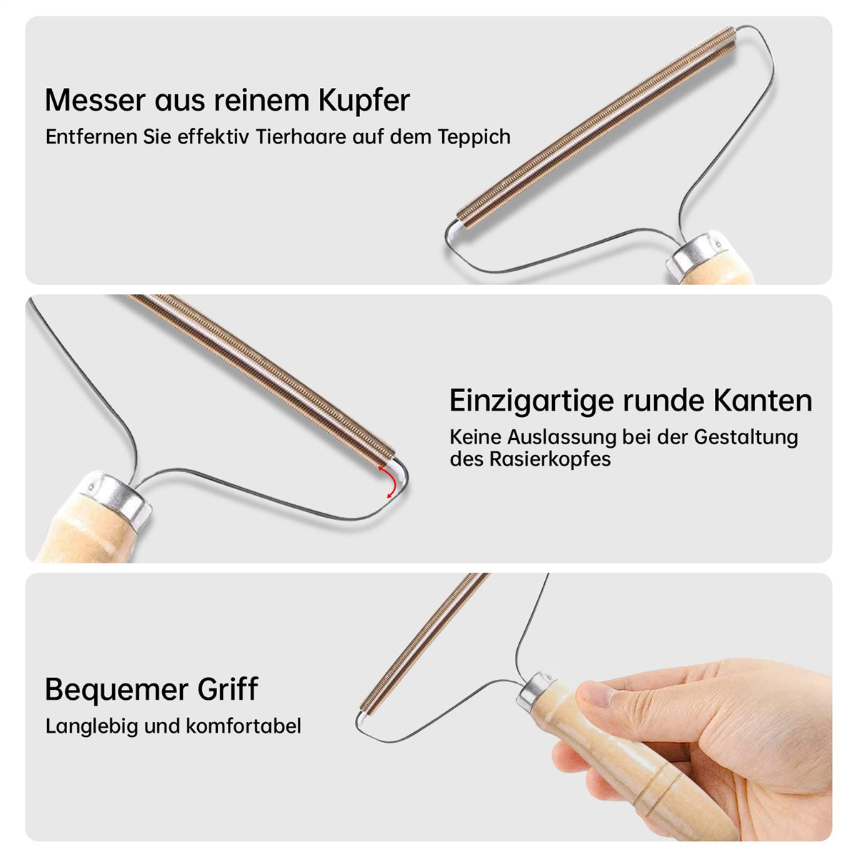Drei Nahaufnahmen eines Tierhaarentferners. Kupferklinge, Holzgriff und ein Federdesign werden gezeigt.