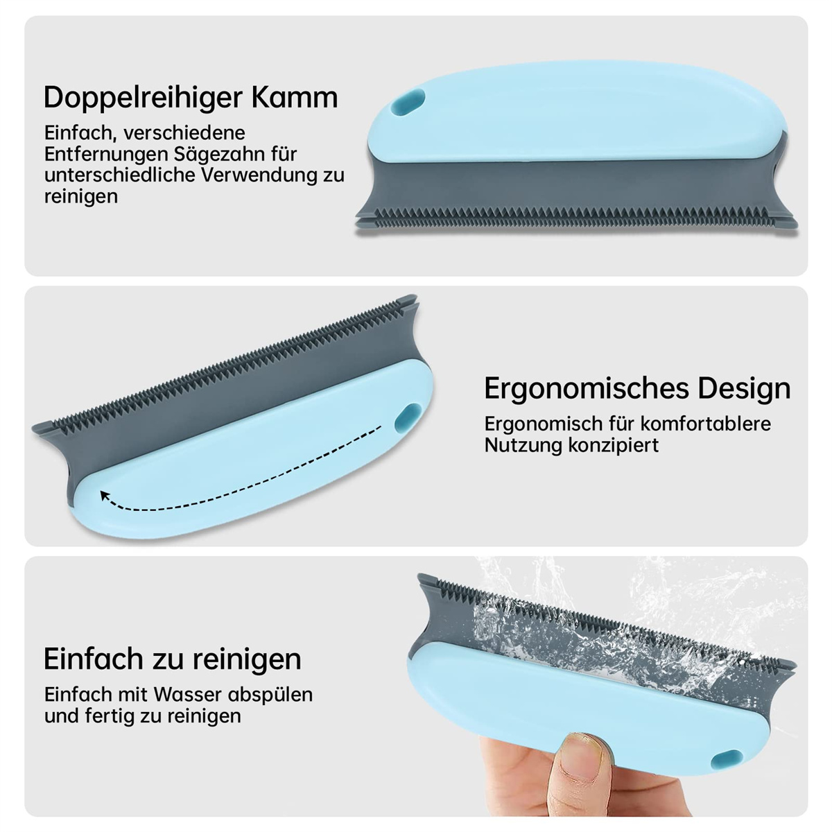 Nahaufnahme eines Fusselentferners mit Text, der die Funktionen beschreibt.