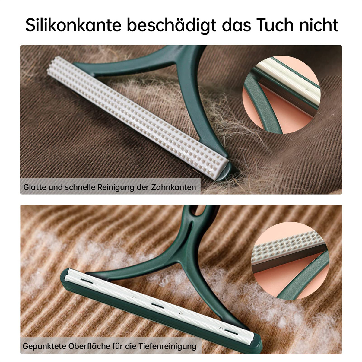Zwei Bilder, die ein Haarentfernungswerkzeug und seine Wirkung zeigen. Brauner Stoff und eine Nahaufnahme des Werkzeugs werden gezeigt.