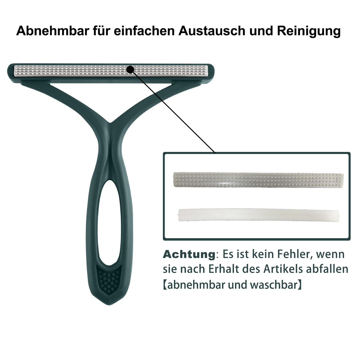 Grüner Fusselentferner mit Text und Nahaufnahme der Klinge.