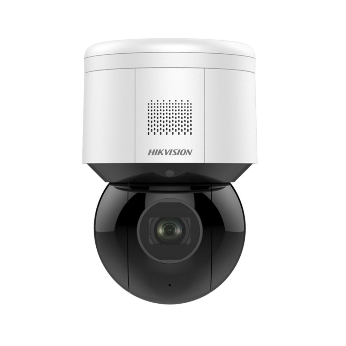 Nahaufnahme einer weißen und schwarzen Überwachungskamera mit dem Markennamen 'HIKVISION'.
