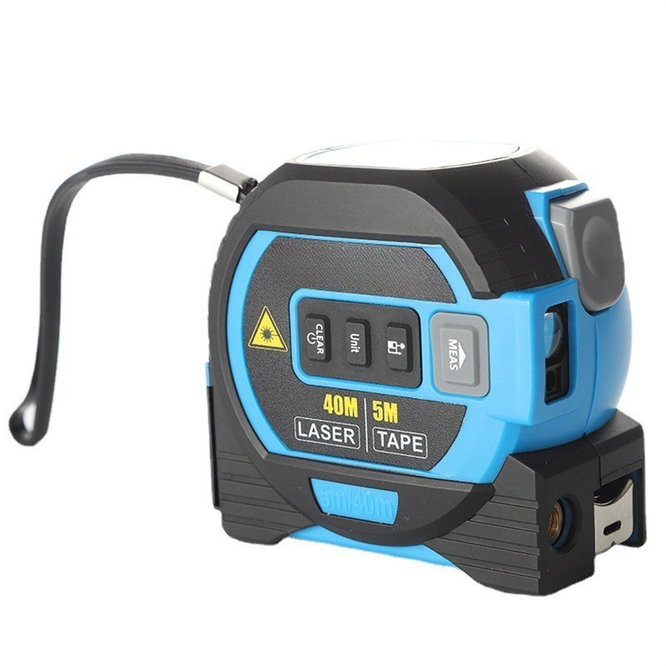 Blau-schwarzes Laser-Bandmaß mit mehreren Knöpfen und einem schwarzen Riemen.