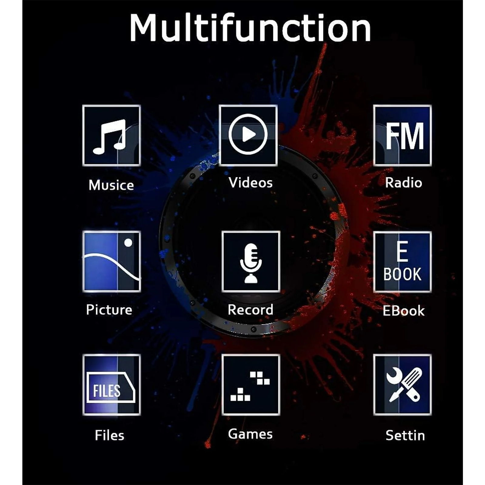 Symbole einer Musiknote, eines Videos, eines Radios, eines Bildes, einer Aufnahme, eines E-Books, Dateien, Spiele und Einstellungen auf dunklem Hintergrund.