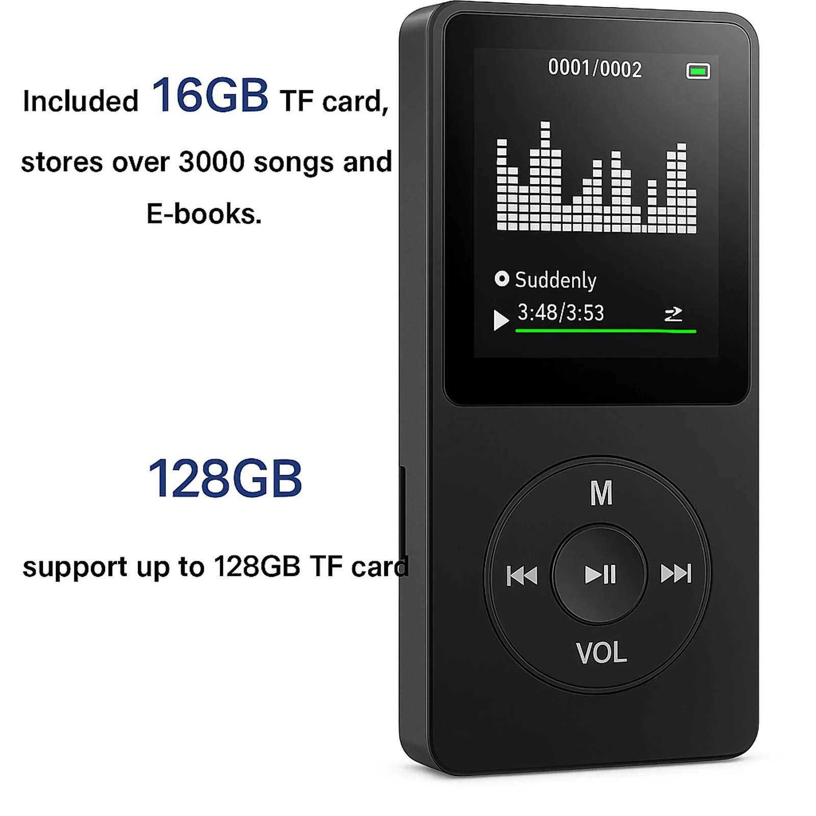 Tragbarer MP3-Player mit Bildschirm, der die Musikoberfläche und Text zeigt.