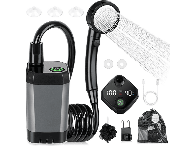 Towwoo Tragbare Campingdusche Akku Mit Pumpe, Camping Dusche 6000mAh Wiederaufladbar Pumpe Mit Temperatur- Und Leistungsanzeige, Aussendusche Für Camping Reisen Garten Autowaschen (Orange