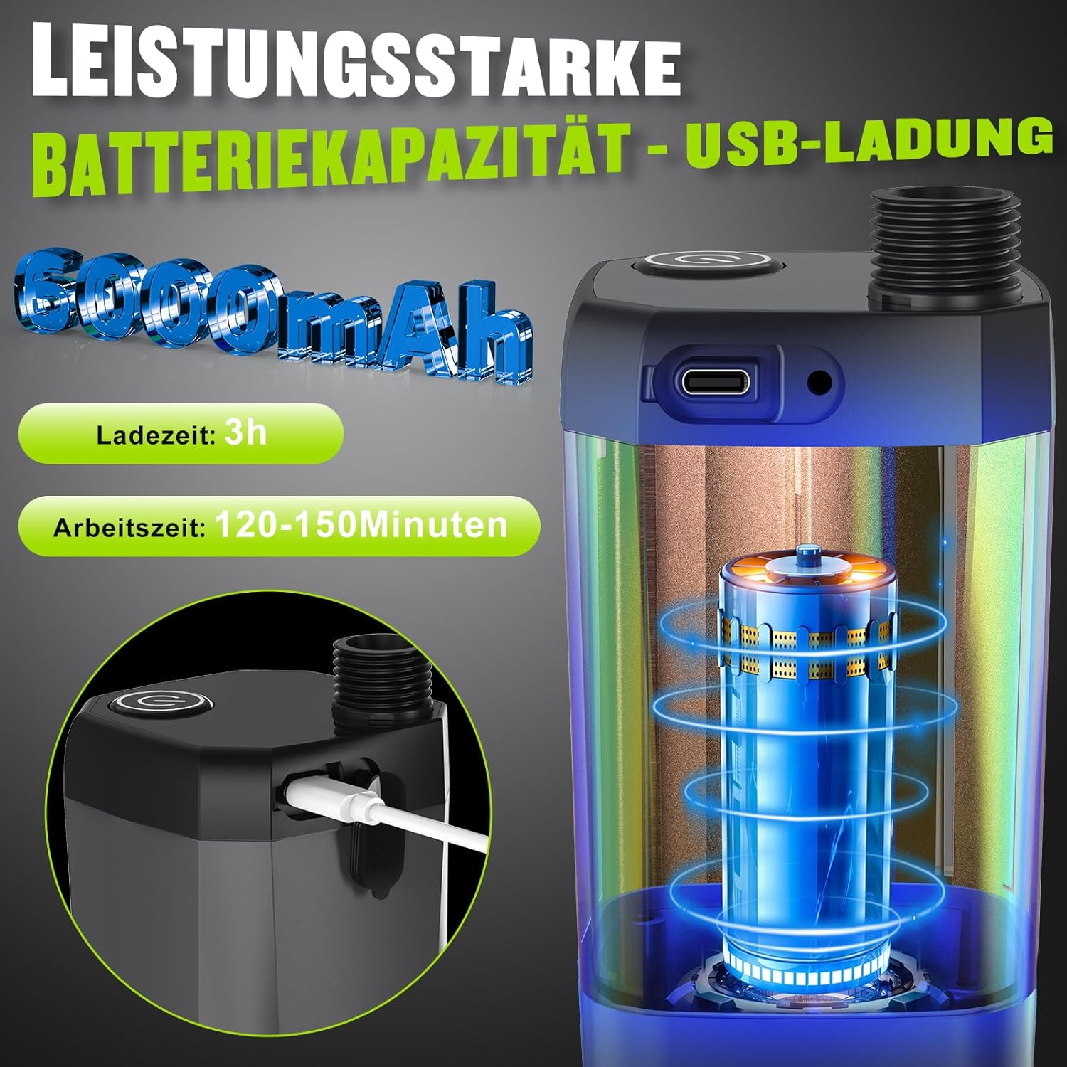 Ein Produkt mit Batteriekapazitätskennzeichnung und beleuchtetem Innenraum, zeigt eine blaue Batterie.