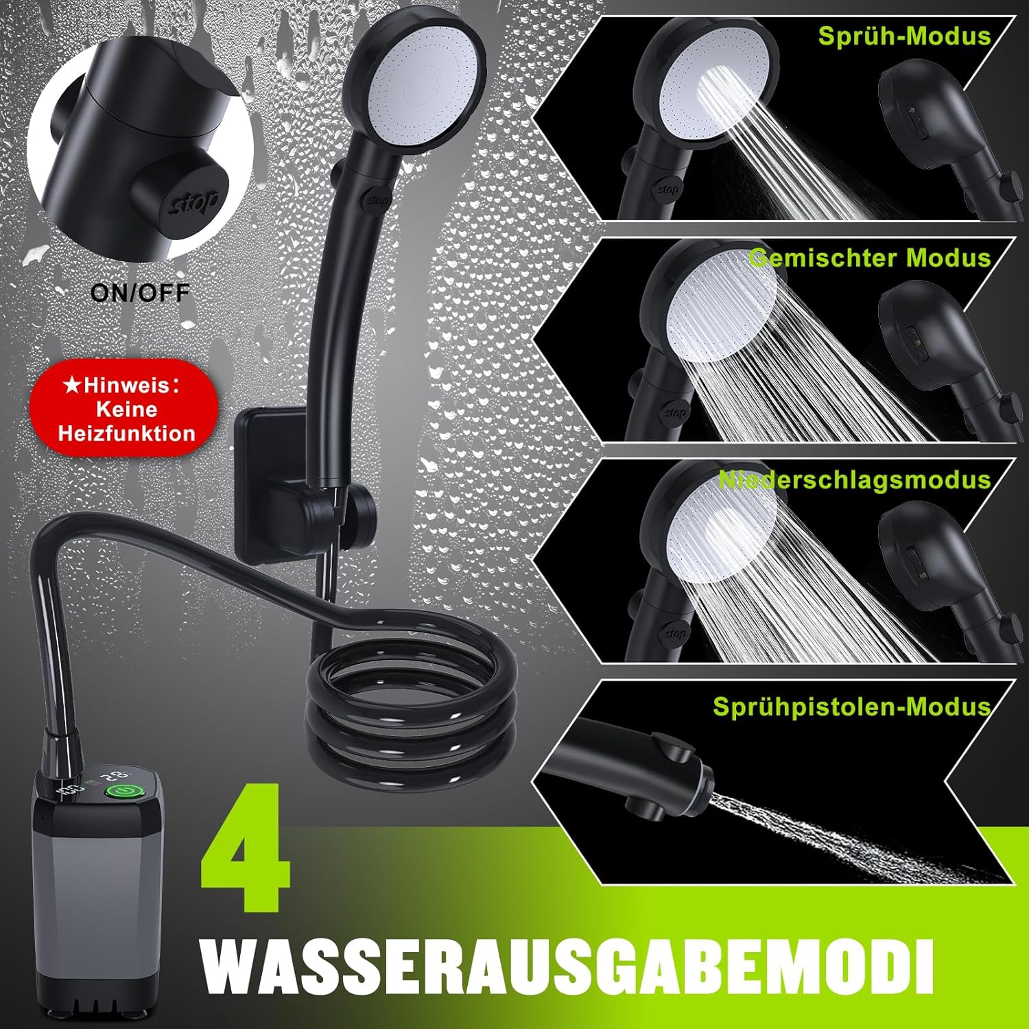 Ein Duschkopf mit verschiedenen Sprühmodi und einem Etikett für Wasserausgabemodi.