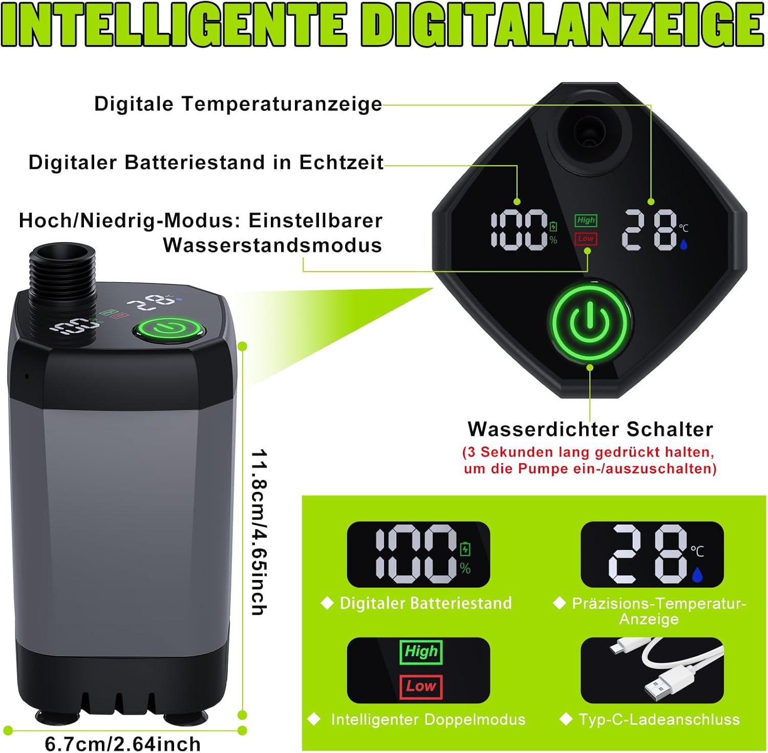 Ein schwarz-graues Gerät mit Digitalanzeige, die Batterie- und Temperaturwerte anzeigt.