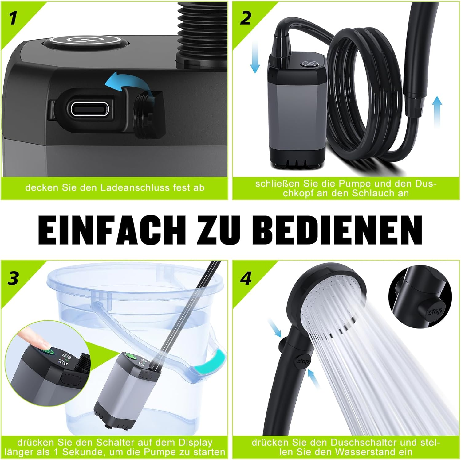 Vier Bilder, die die Anwendung einer tragbaren Dusche mit Diagrammen und Text veranschaulichen.