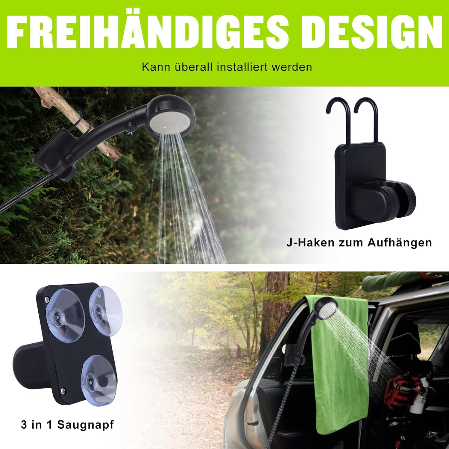Bilder, die die Verwendung einer tragbaren Dusche mit Zubehör wie Saugnäpfen und Haken zeigen.