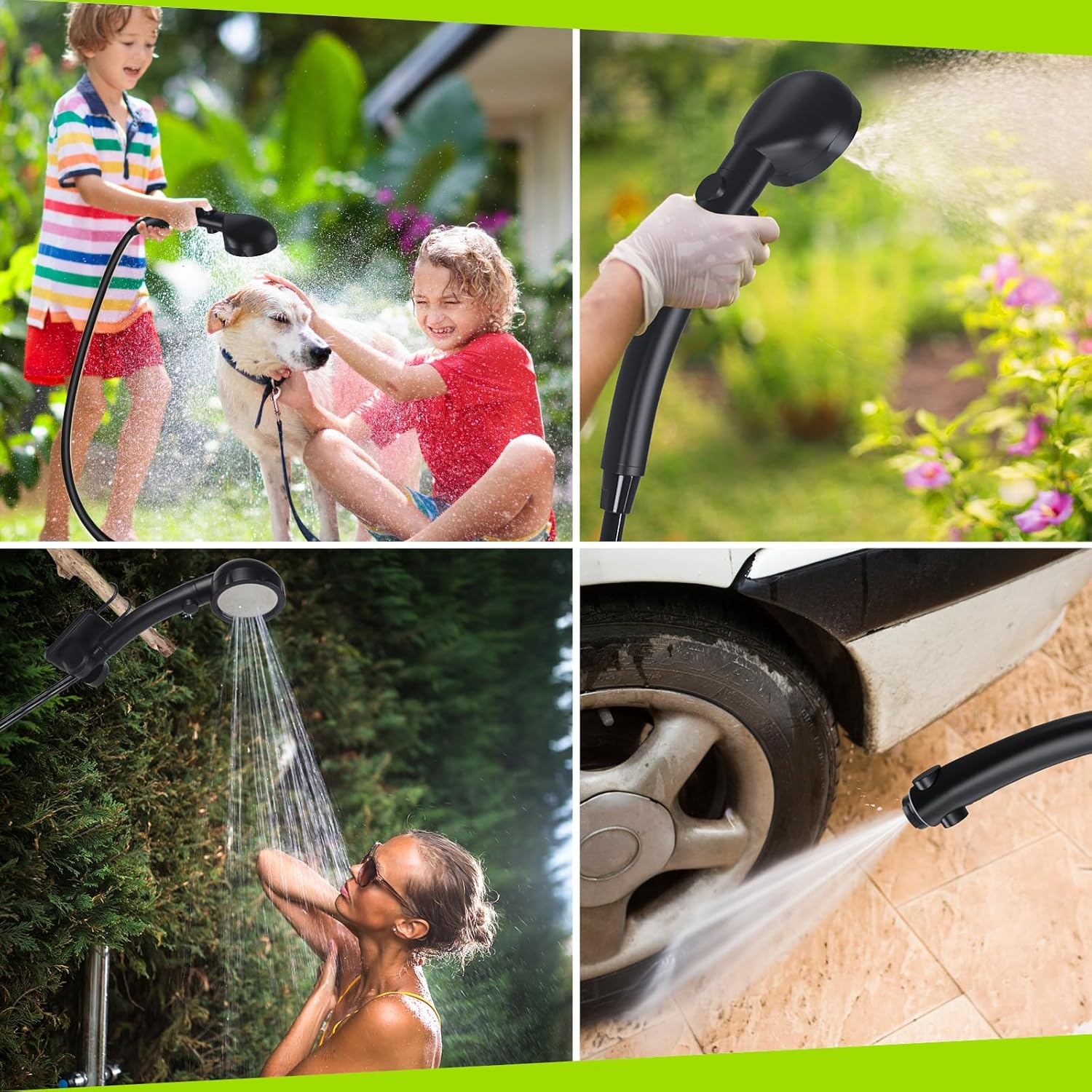 Vier Bilder, die die Verwendung einer tragbaren Dusche in verschiedenen Außen- und Fahrzeugumgebungen zeigen.
