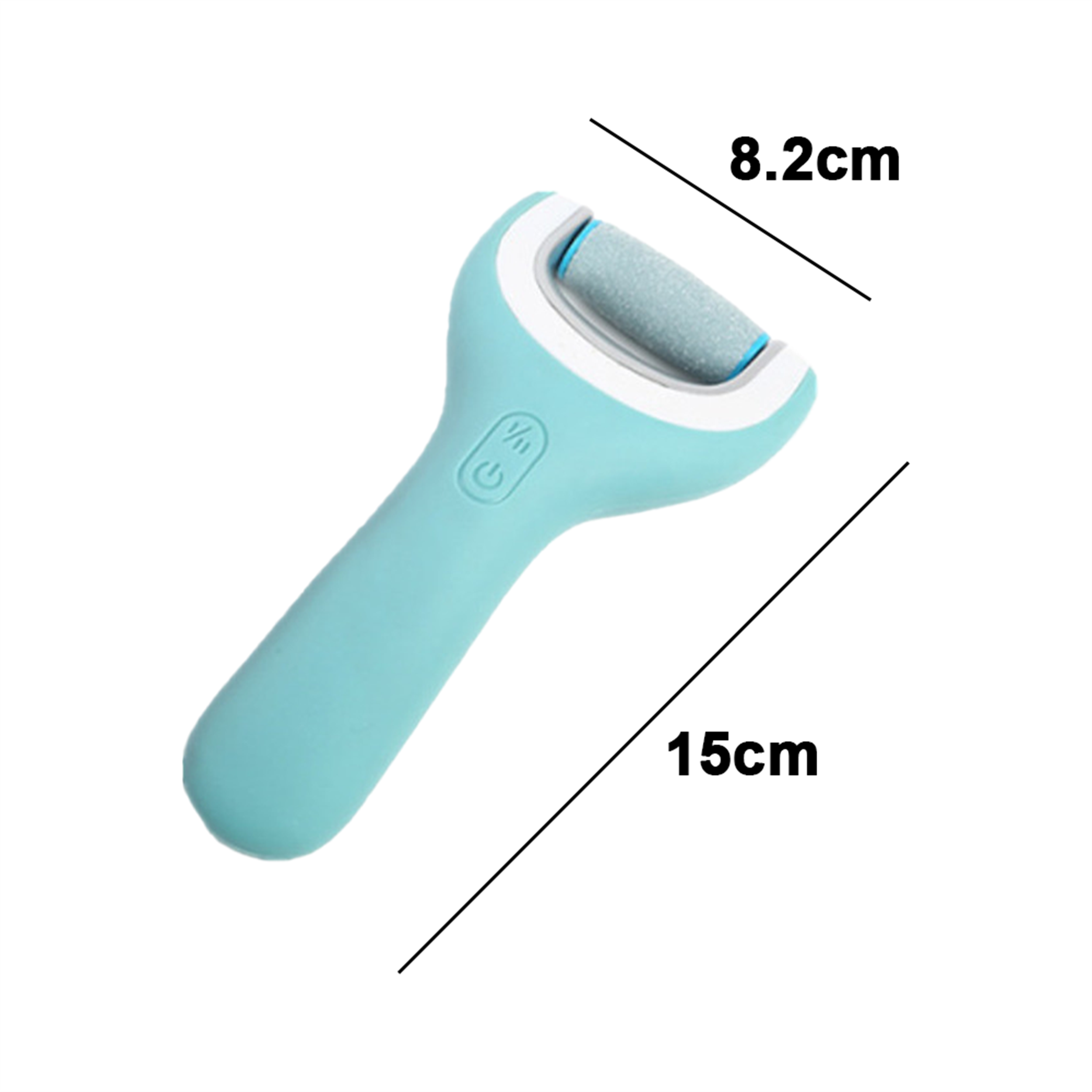 Ein türkisfarbener elektrischer Fußschleifer, 15 cm lang, mit einer blauen Rolle und einem Einschalter.