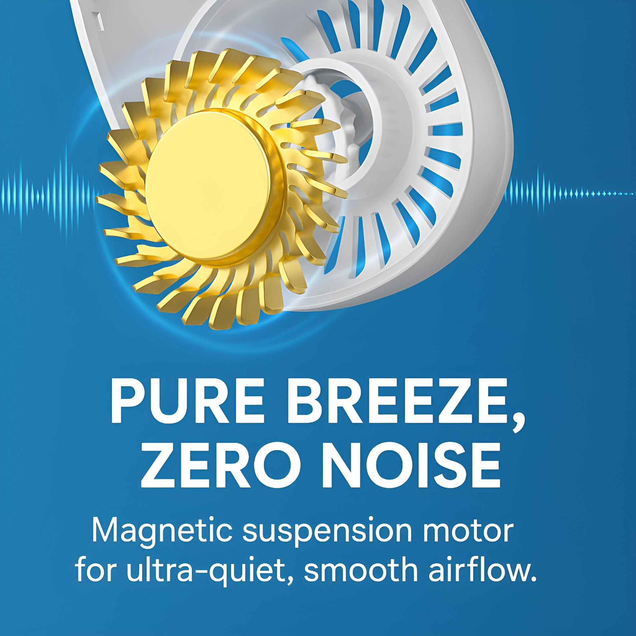 Nahaufnahme der Komponenten eines Lüfters. Text: Pure Breeze, Zero Noise.
