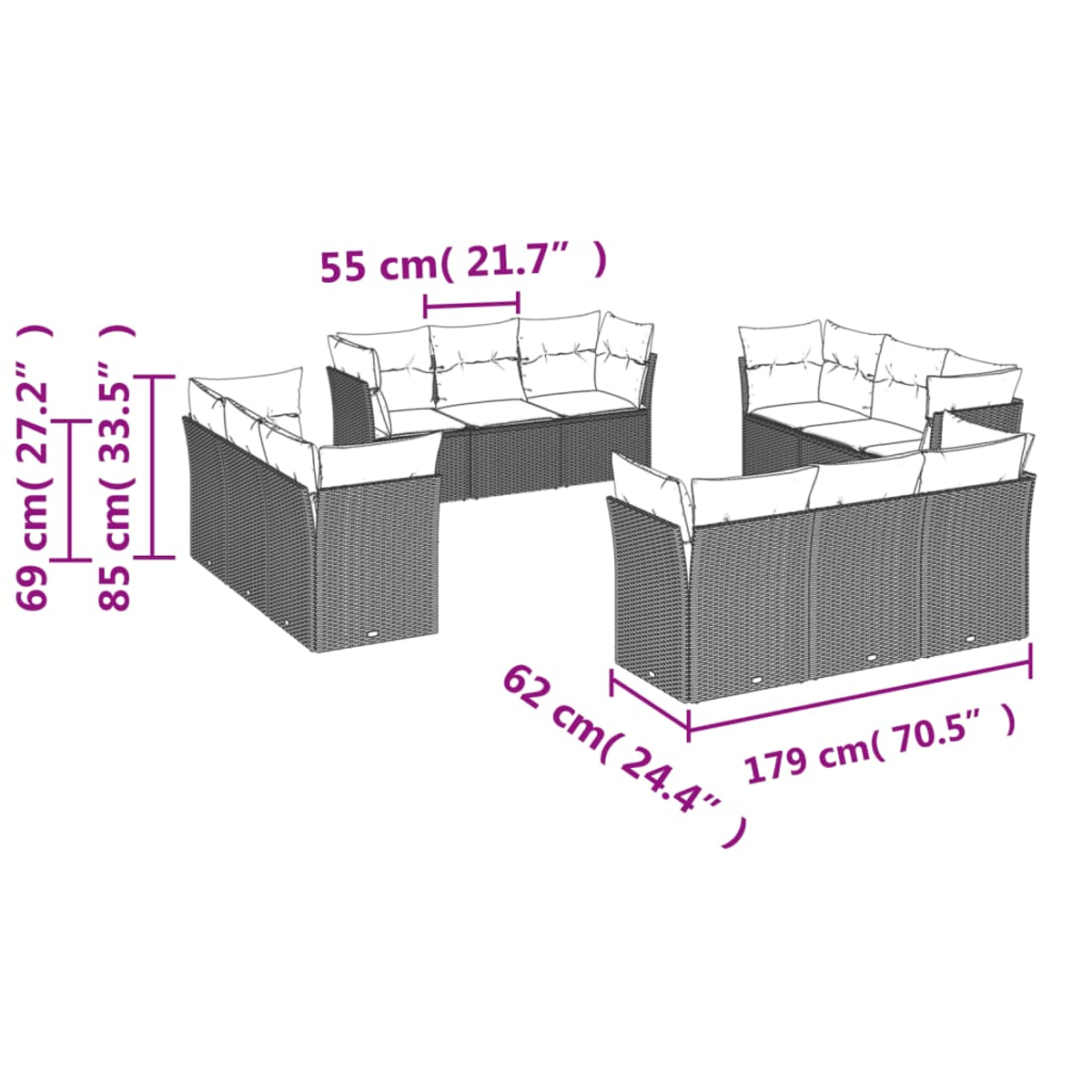 Ein Set aus Outdoor-Möbeln aus Korbgeflecht mit Sofa, Tisch und Eckteilen, alle mit Maßen.