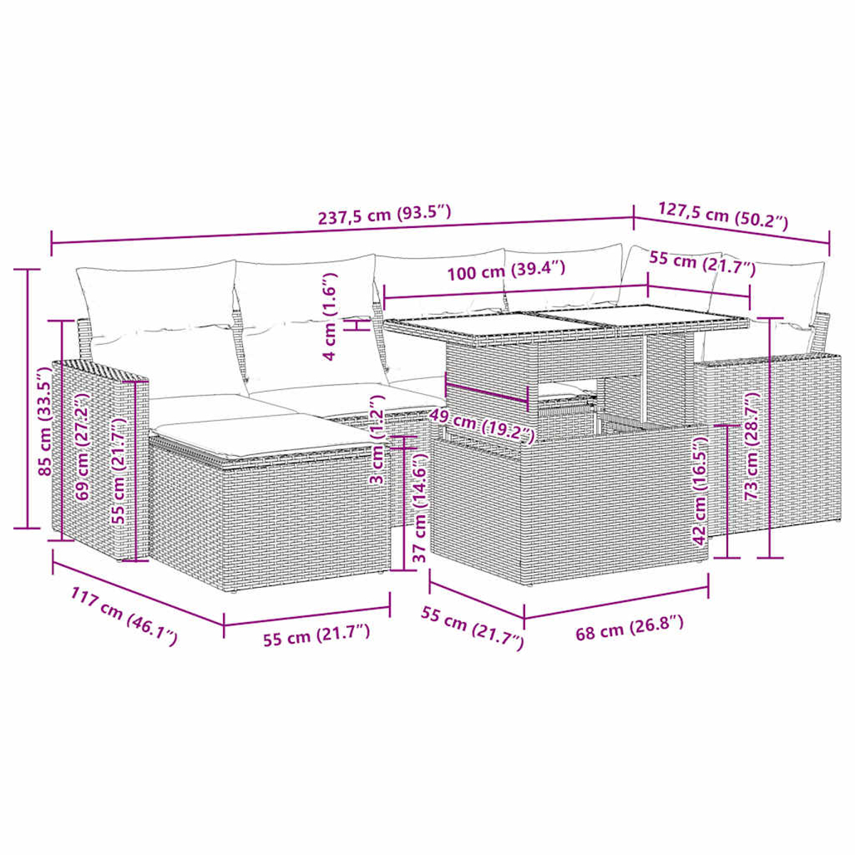Outdoor-Ecksofa mit Abmessungen. Inklusive Tisch- und Sitzmessungen.