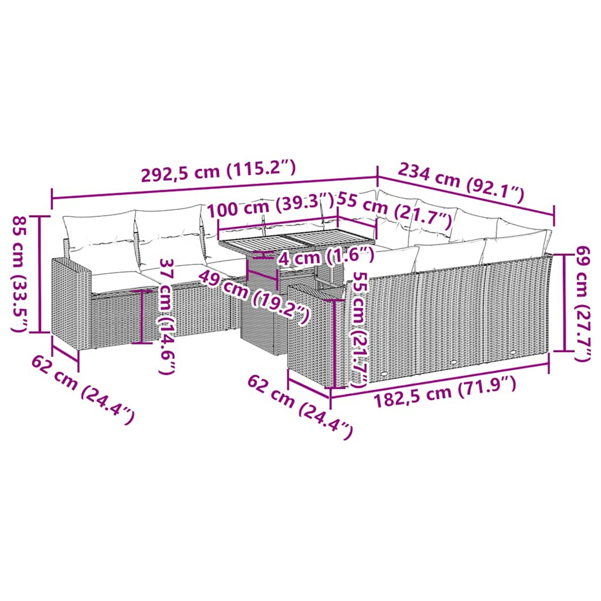 Diagramm eines Rattansofasets mit Abmessungen in Zentimetern, einschließlich Sofa, Tisch und Kissen.