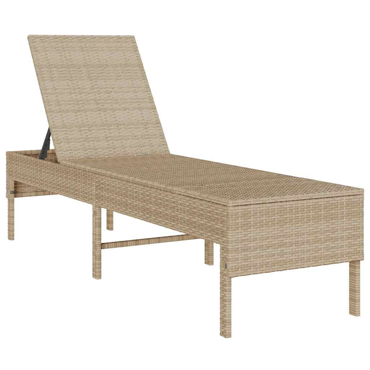 Eine beige Korbliege mit verstellbarer Rückenlehne, auf einer Terrasse platziert.
