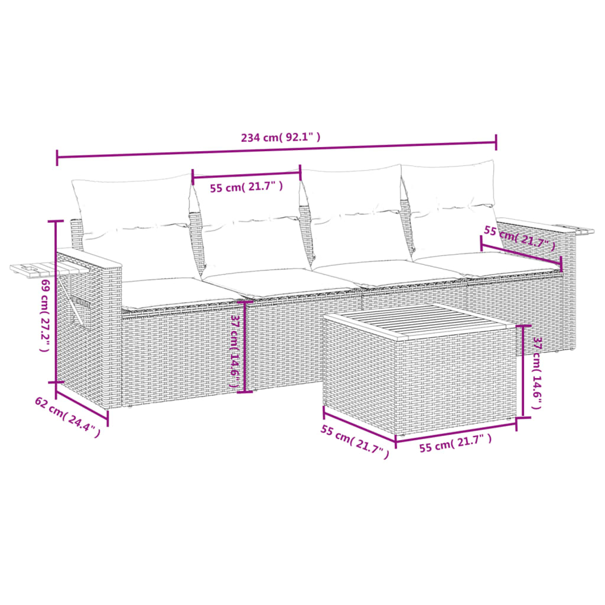 Ein Ecksofa mit Maßen. Es hat blaue Kissen und einen Couchtisch aus Holz.