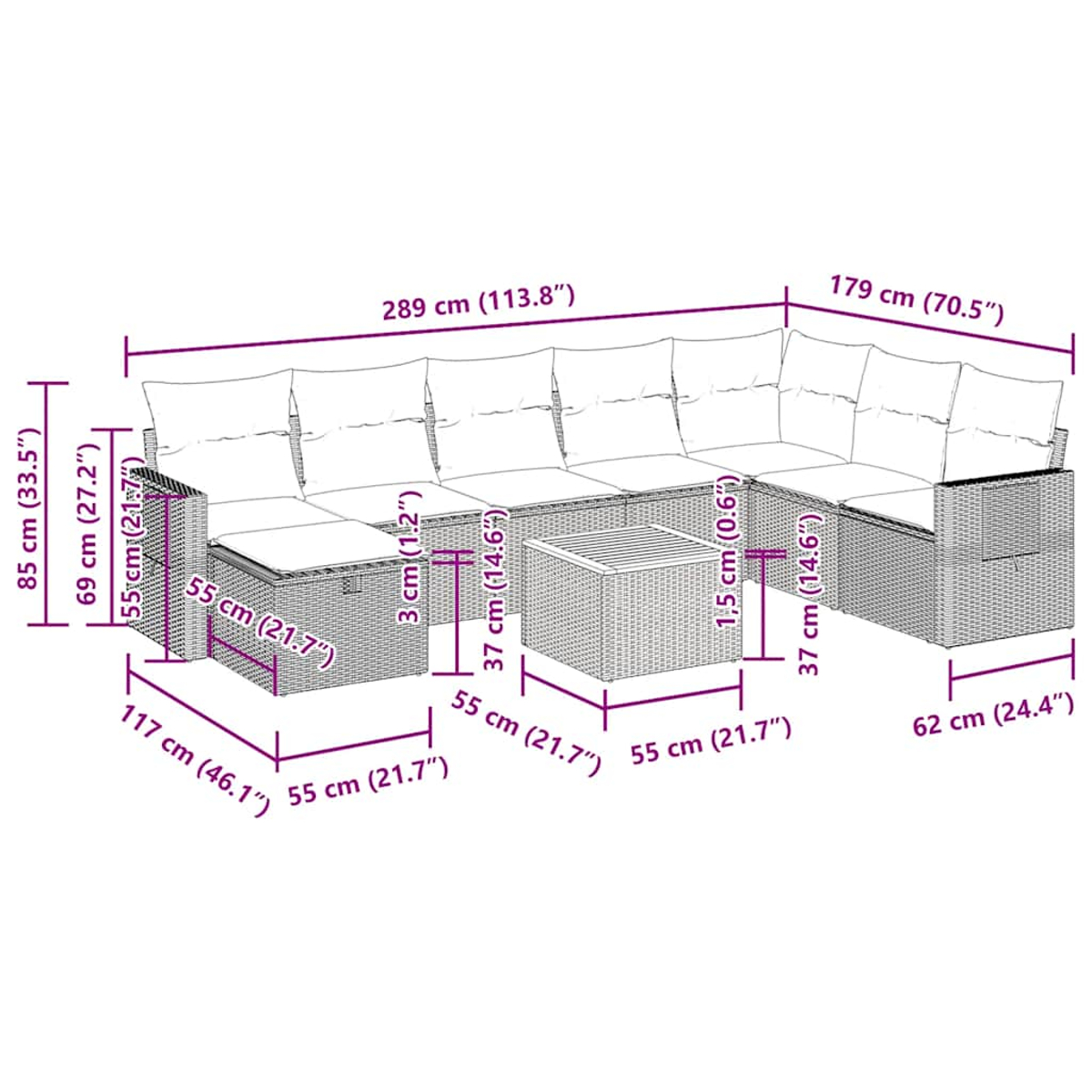 Maßdiagramm eines Eck-Outdoor-Sofasets. Maße in cm und Zoll. Weißer Hintergrund.