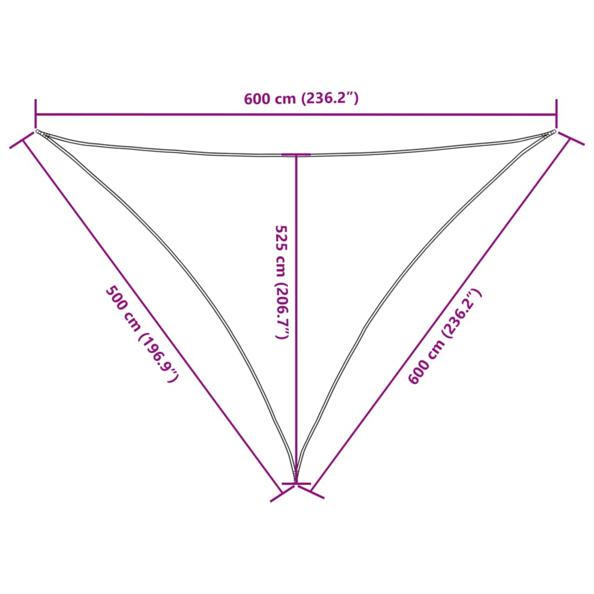Ein weißer Hintergrund zeigt ein Diagramm eines dreieckigen Sonnensegels mit beschrifteten Abmessungen in Zentimetern.