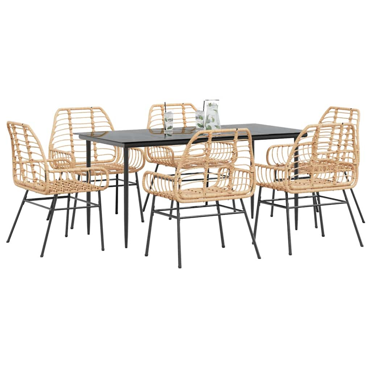 Un juego de muebles de exterior: una mesa negra y seis sillas de mimbre con patas negras, sobre un fondo blanco.