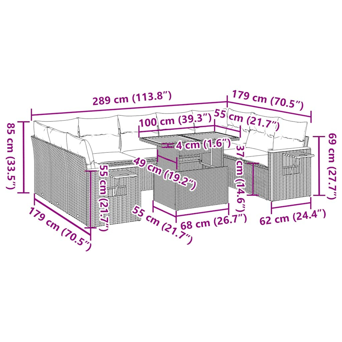 Diagramm eines Rattan-Ecksofas und -Tisches mit Maßangaben in Zentimetern und Zoll.