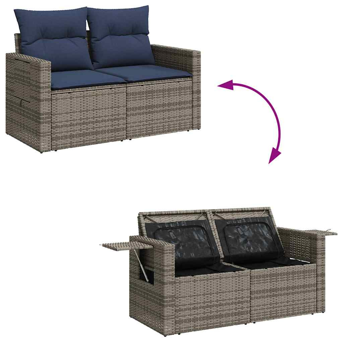 Ein graues Zweisitzer-Sofa aus Korbgeflecht, das sich in einen Stauraum verwandelt. Weißer Hintergrund.