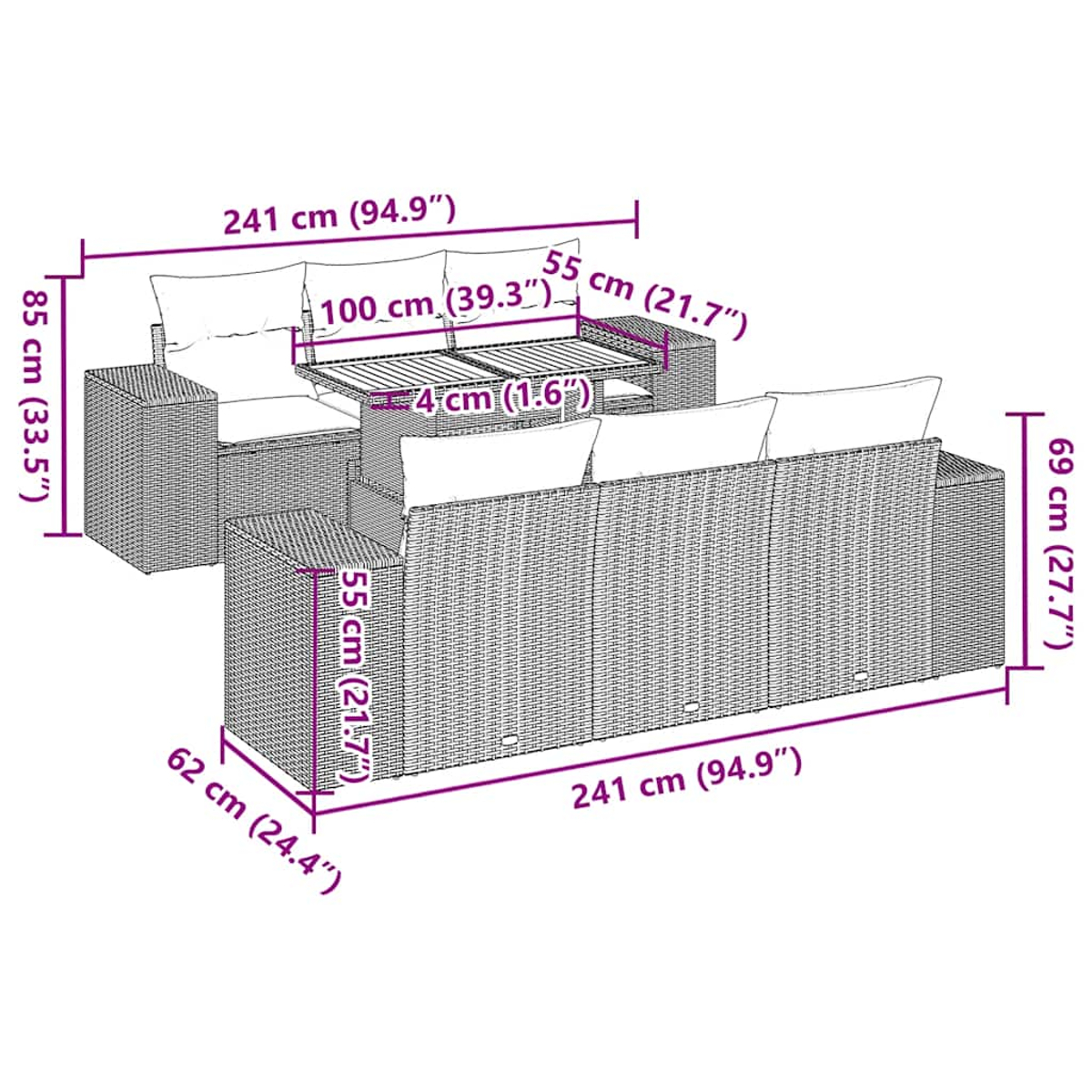 Linienzeichnung zeigt die Abmessungen von Gartenmöbeln. Beinhaltet Sofa, Tisch und Hocker. Aus Webmaterial mit Kissen auf dem Sofa.