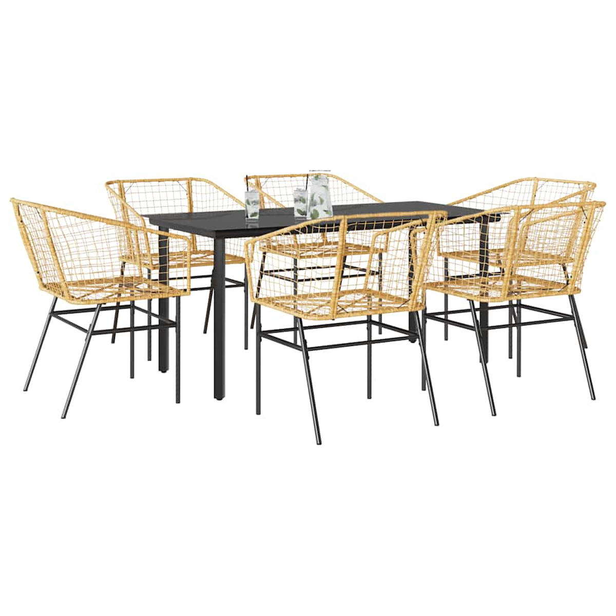 Ein Esszimmer-Set mit einem schwarzen Tisch und sechs Korbstühlen mit schwarzen Beinen auf weißem Hintergrund.