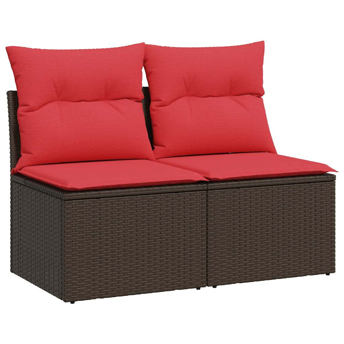 Ein modulares Outdoor-Liebesbank mit braunem Korbgeflecht und roten Kissen auf einem weißen Hintergrund.