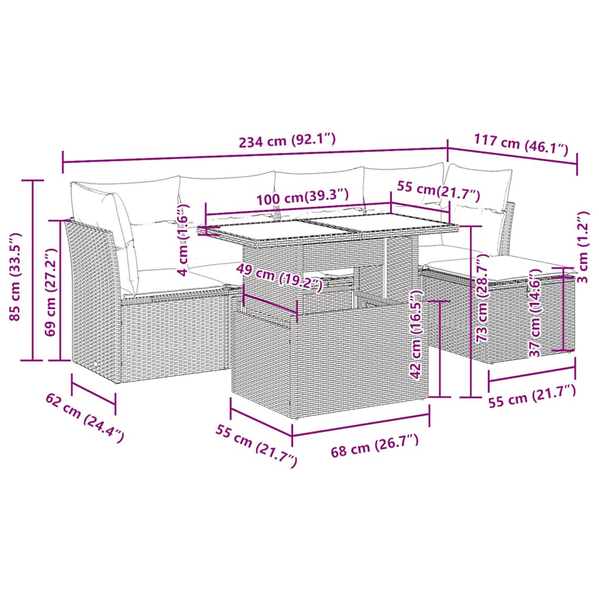 Diagramm eines Gartenmöbelsets. Abmessungen in cm und Zoll sind für jedes Teil beschriftet.