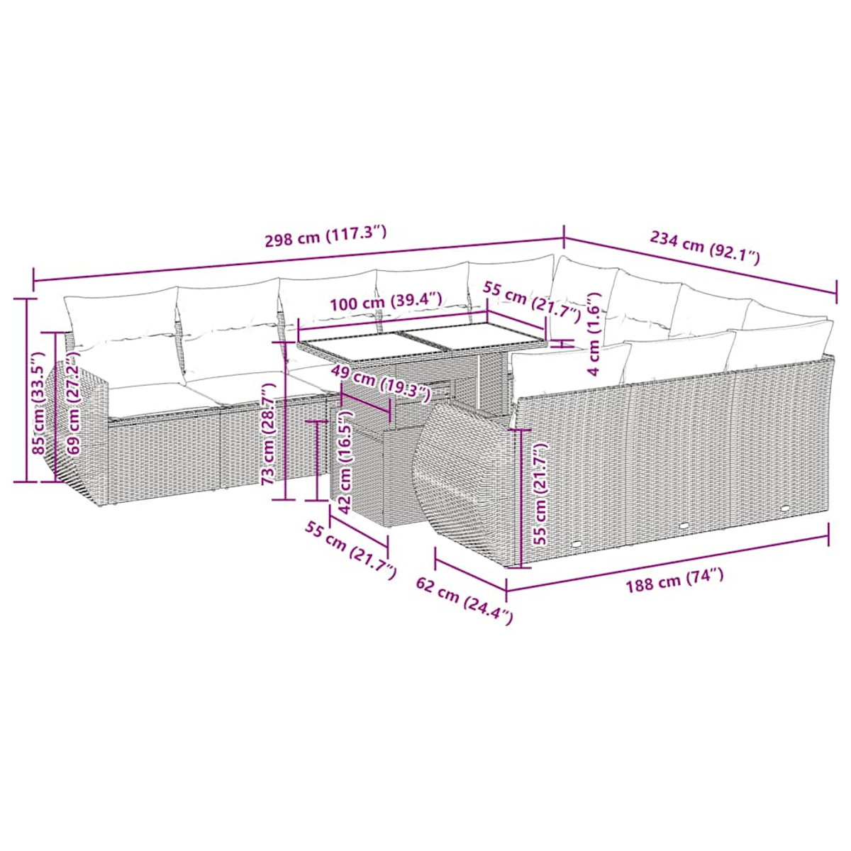 Diagramm eines großen Outdoor-Ecksofas mit Maßen in cm und Zoll, Abmessungen für jeden Abschnitt.