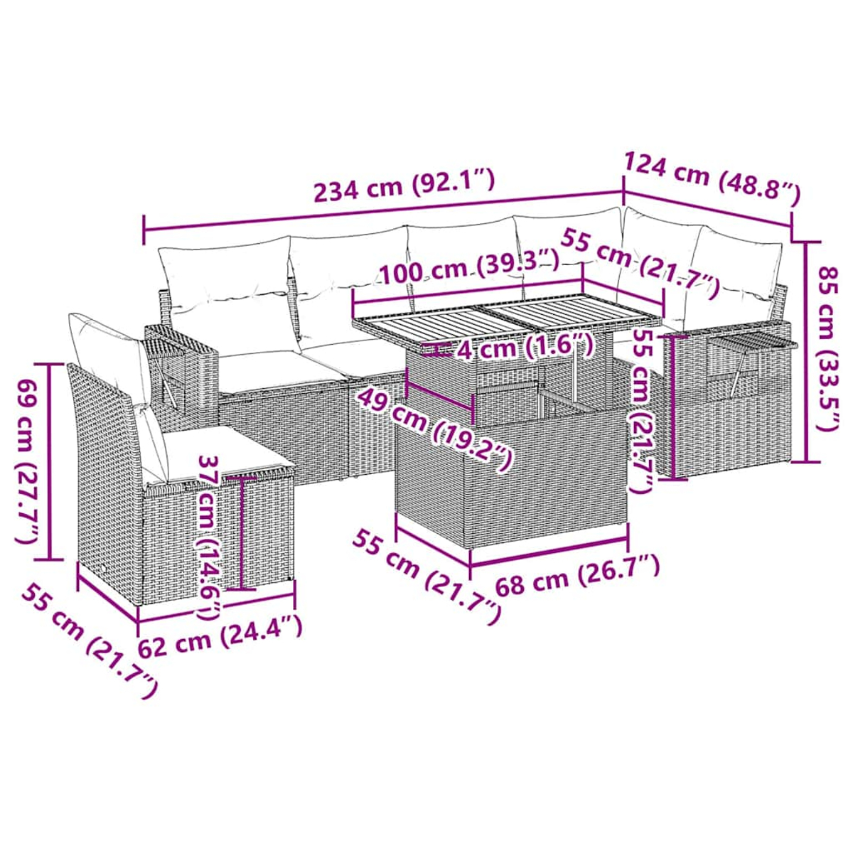 Diagramm eines grauen Korbssofas und -tischsets mit Abmessungen in Zentimetern und Zoll.