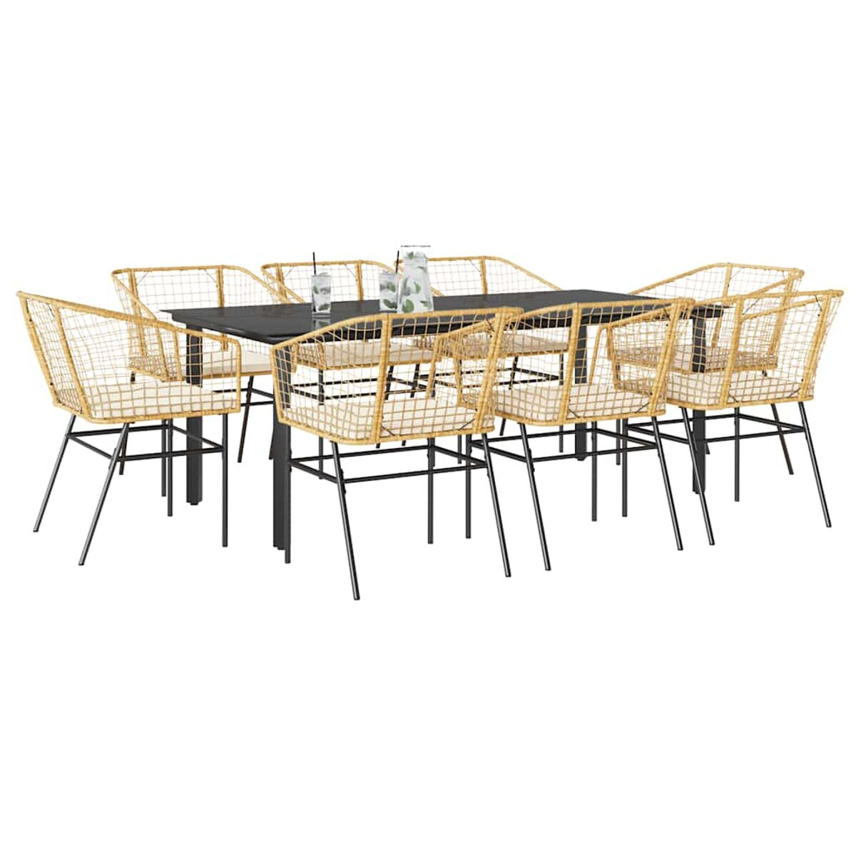 Ein Ess-Set mit acht Korbstühlen und einem schwarzen Tisch, vor weißem Hintergrund.