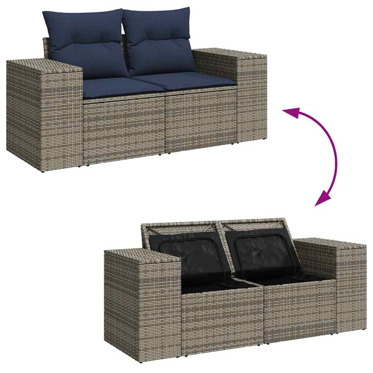 Ein Rattansofa mit blauen Kissen, das den Stauraum darunter bei geöffnetem Zustand zeigt.