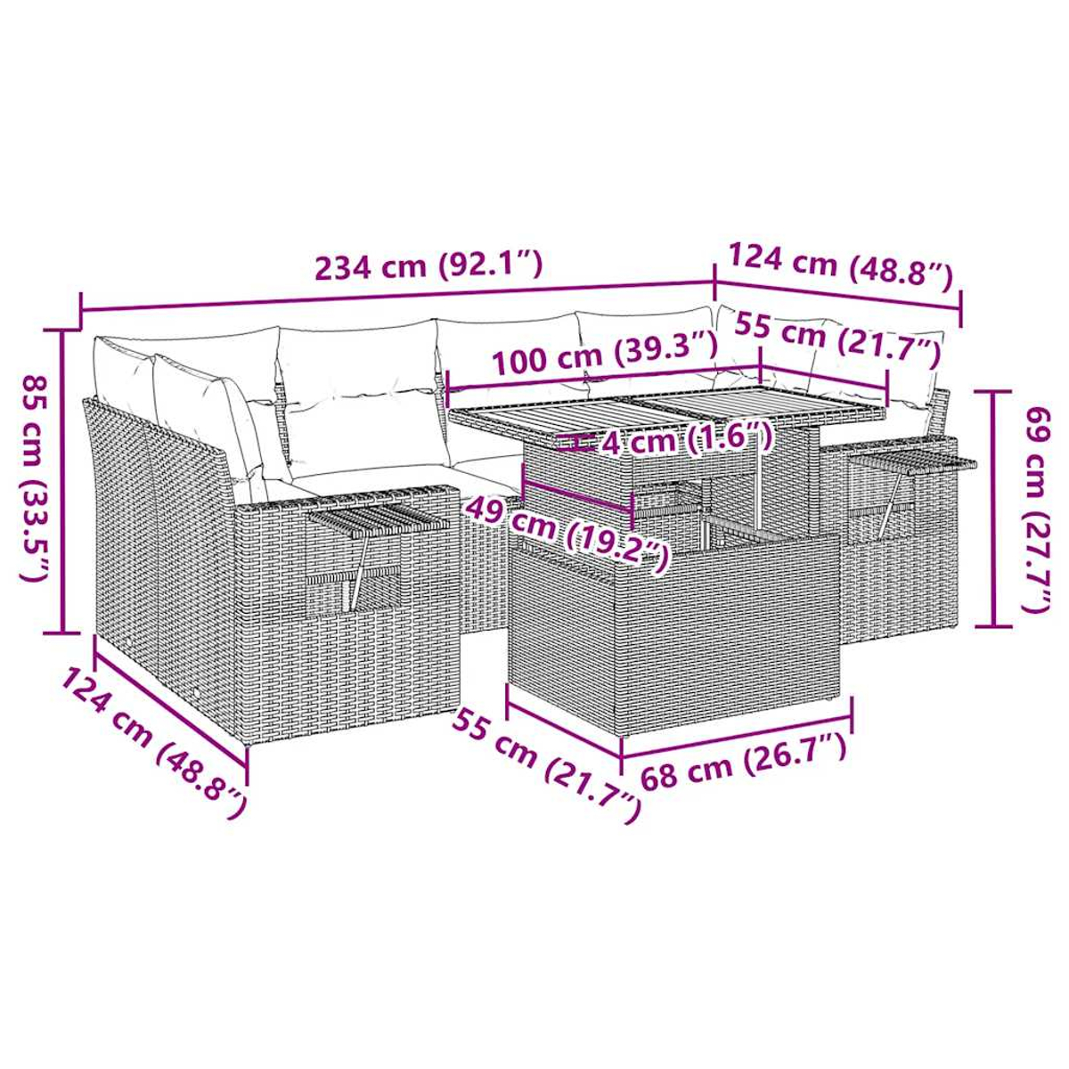 Diagramm eines Rattansofas und -tisches mit Maßen in cm und Zoll. Beige Farbe.