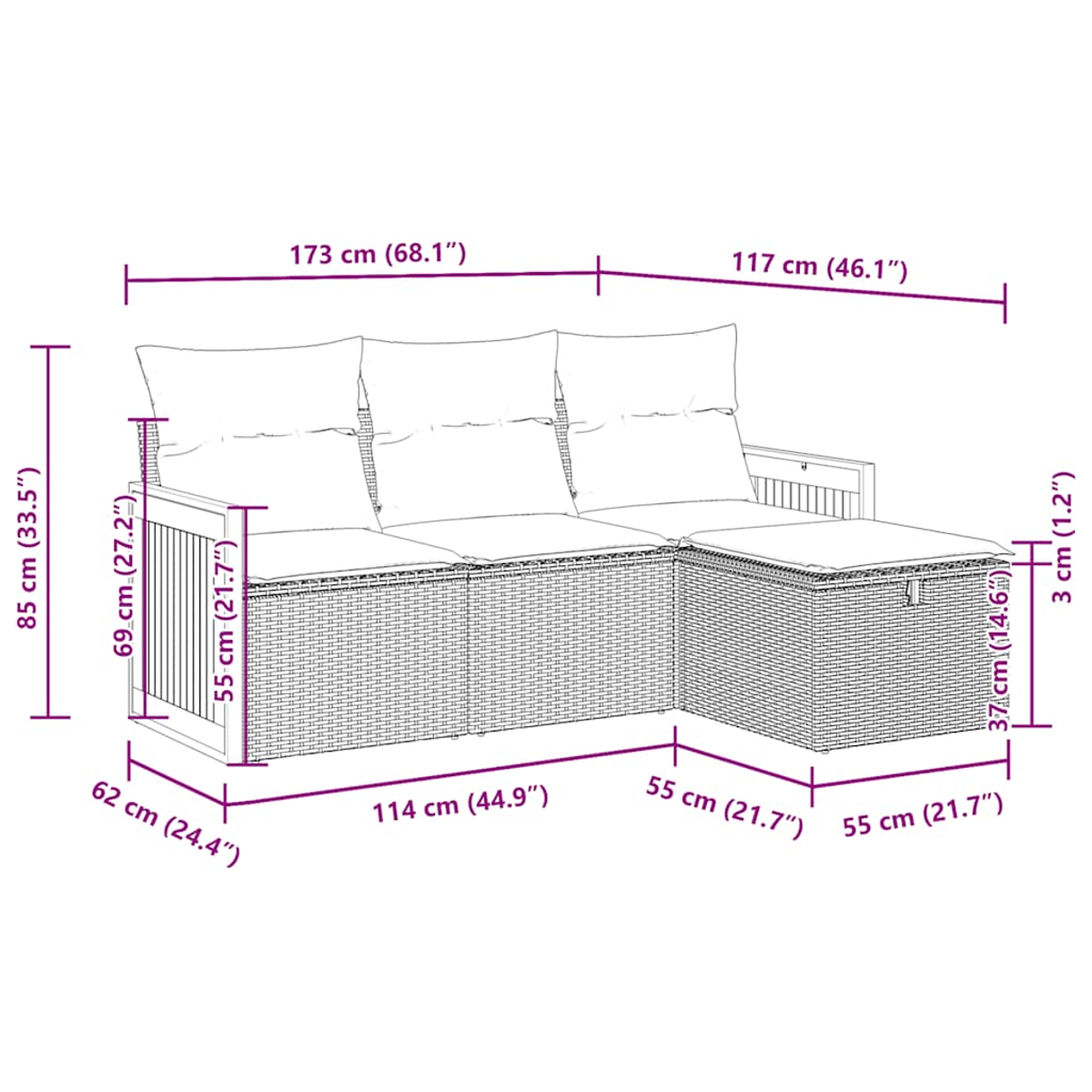 Outdoor-Ecksofa mit hellen Kissen auf einer Terrasse. Abmessungen sind im Diagramm angegeben.