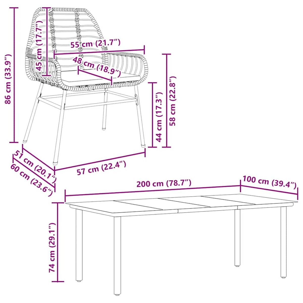 Diagramm eines Stuhls und Esstisches, mit Maßen in cm und Zoll.